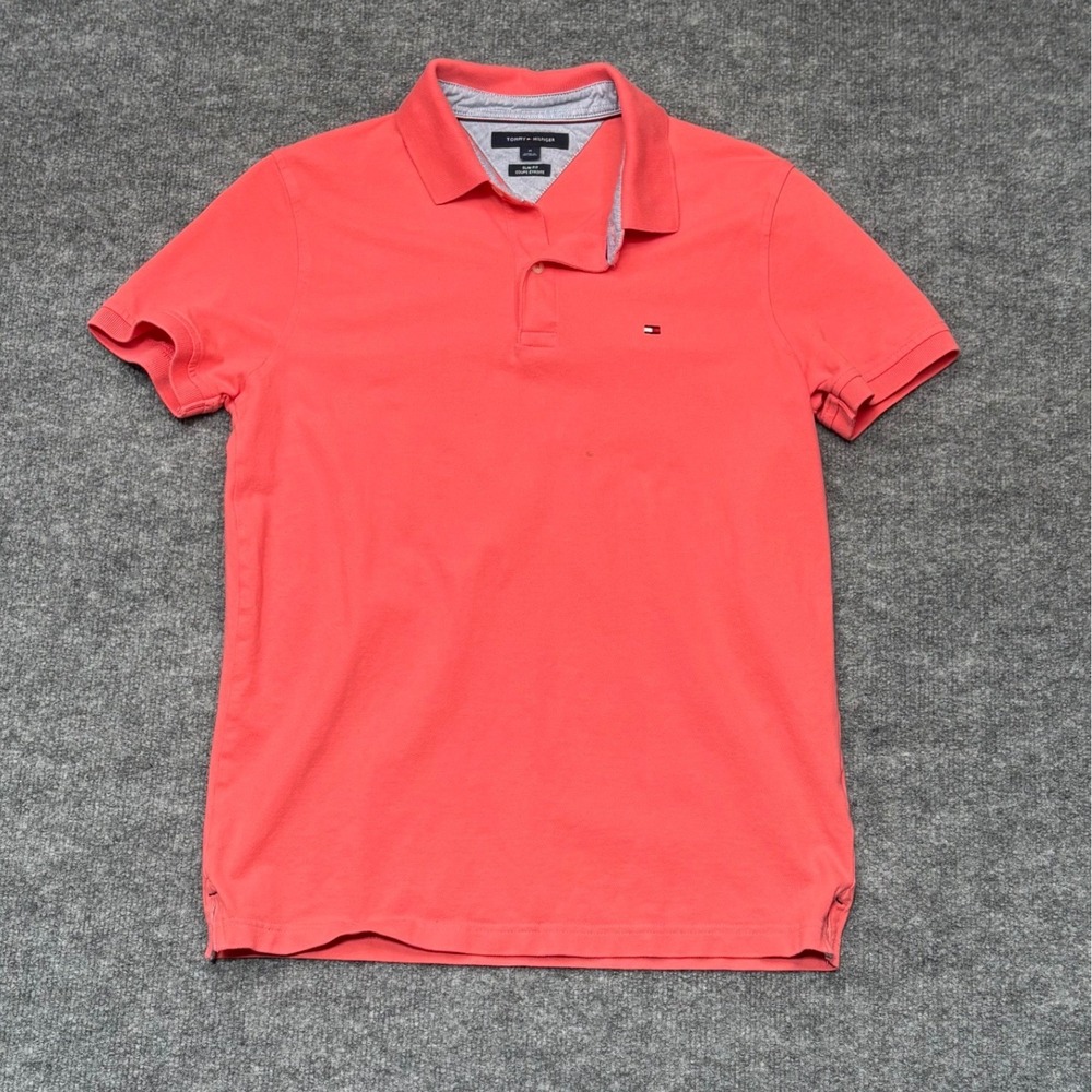 Tommy Hilfiger Mens Slim Fit Polo Shirt Medium Coral Pink Short Sleeve‎ Cotton